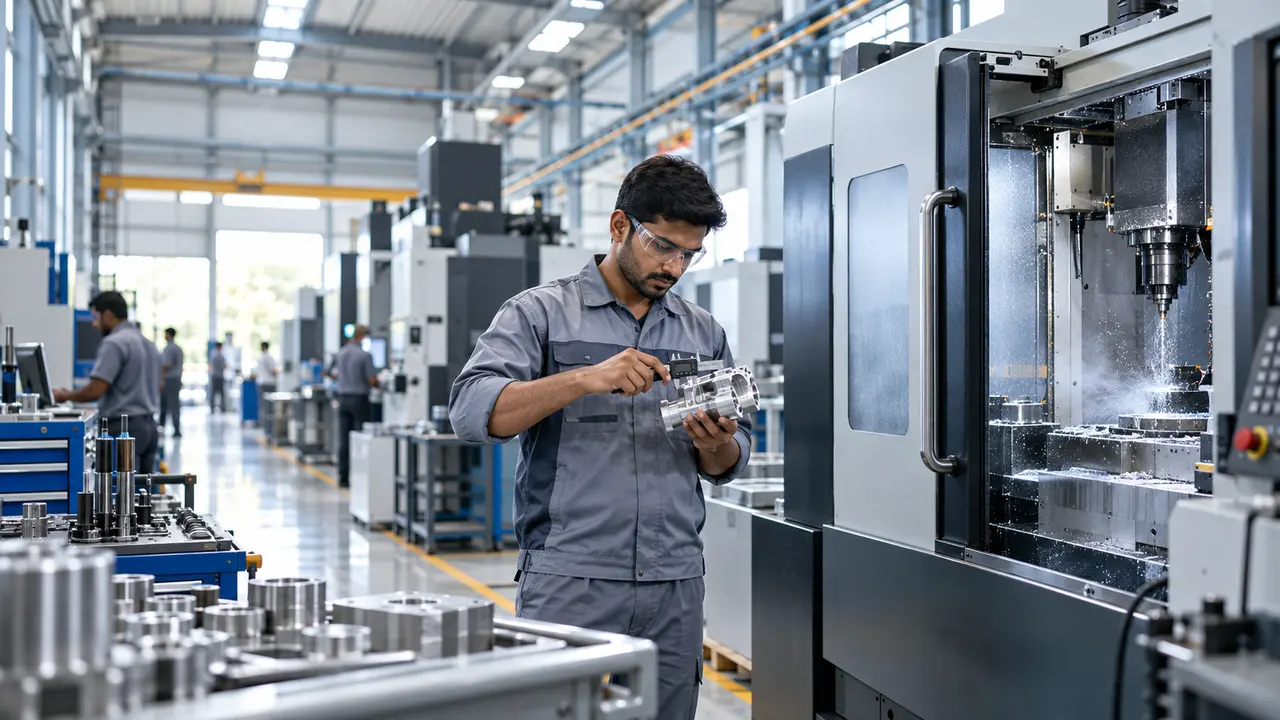 An engineer checks a machined aluminium part with a digital caliper beside a CNC machining centre