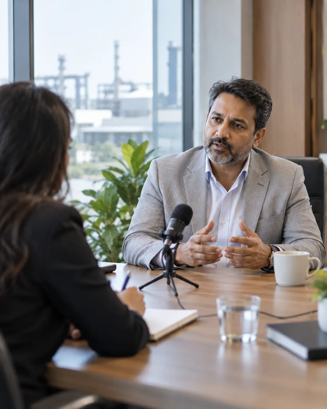 An executive being interviewed at a table with a microphone