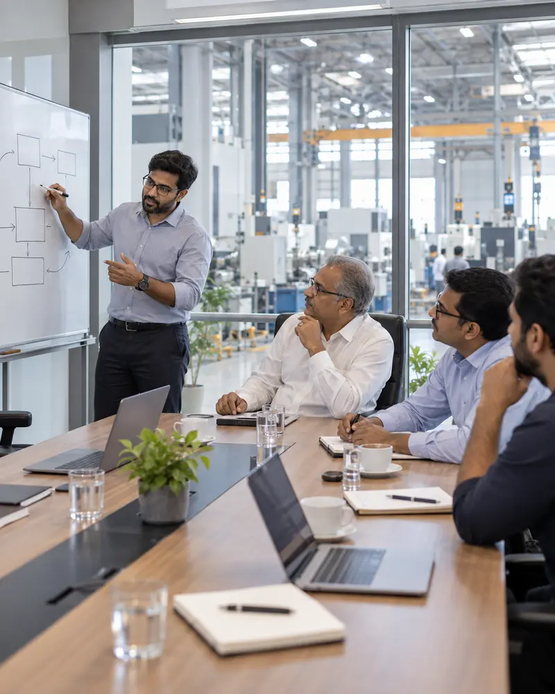 A sales process mapped on a whiteboard during a team meeting