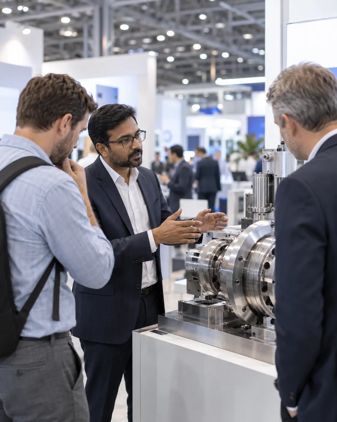 A sales engineer explaining a machine to visitors at an industrial expo
