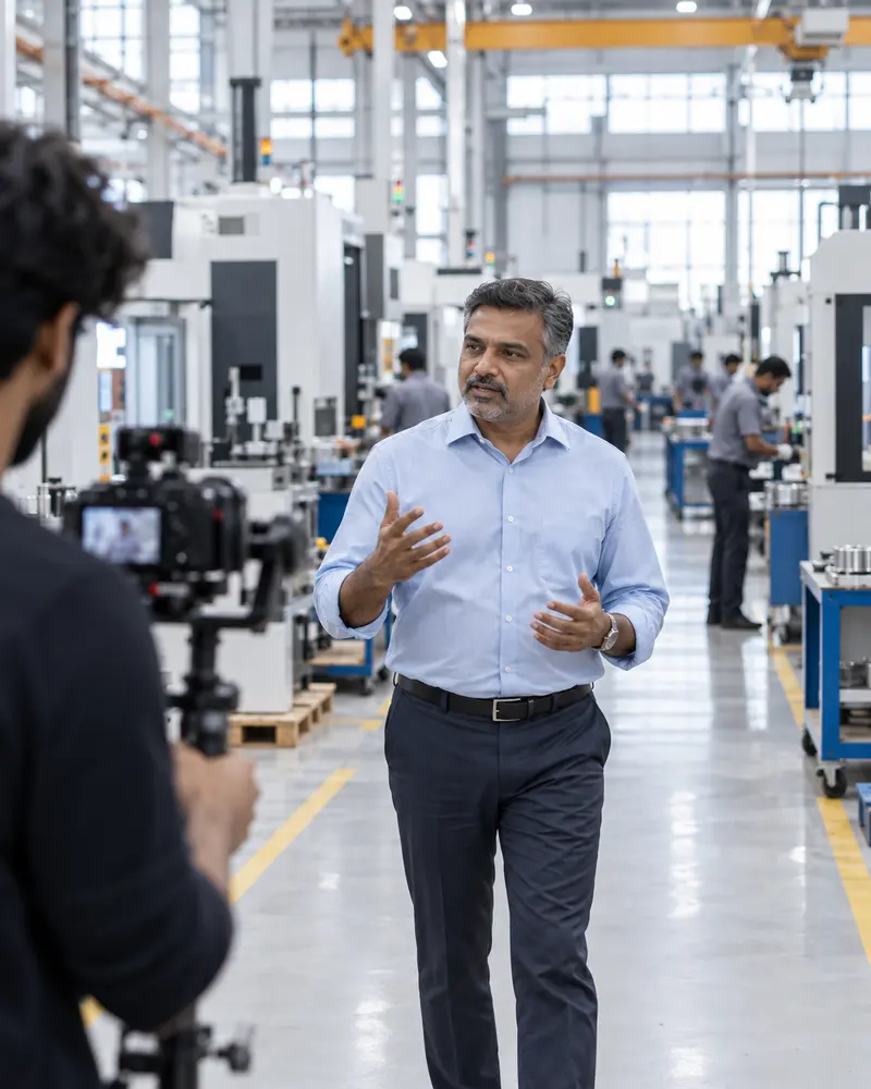A company leader speaking to camera on the factory floor
