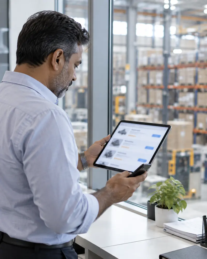 A business owner checking product listings on a tablet in a warehouse