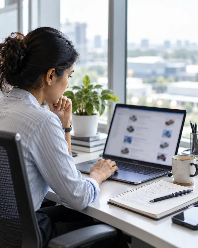 A buyer comparing suppliers on a laptop