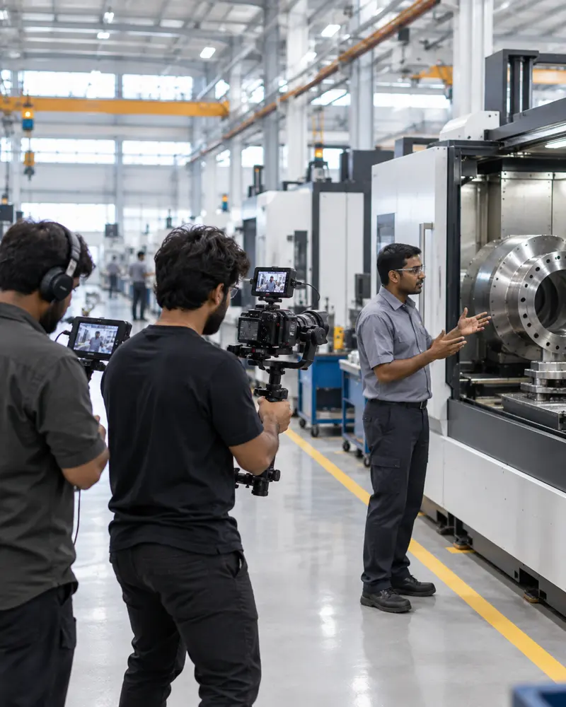A film crew recording an engineer beside a machining centre