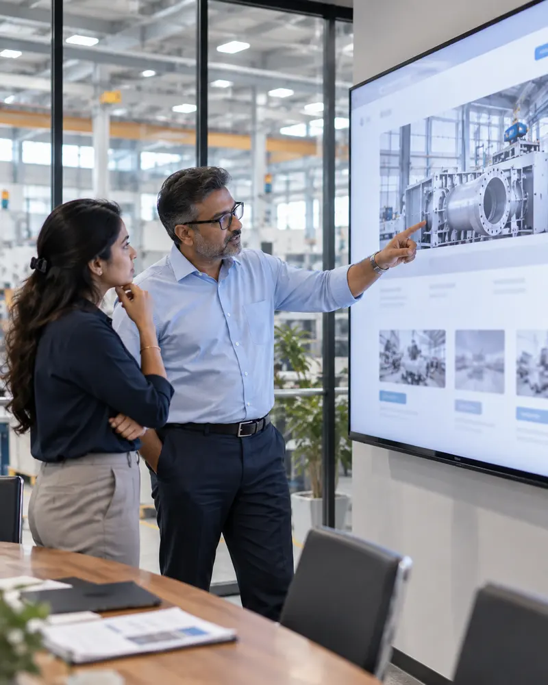 Two people reviewing a manufacturer's website on a large screen